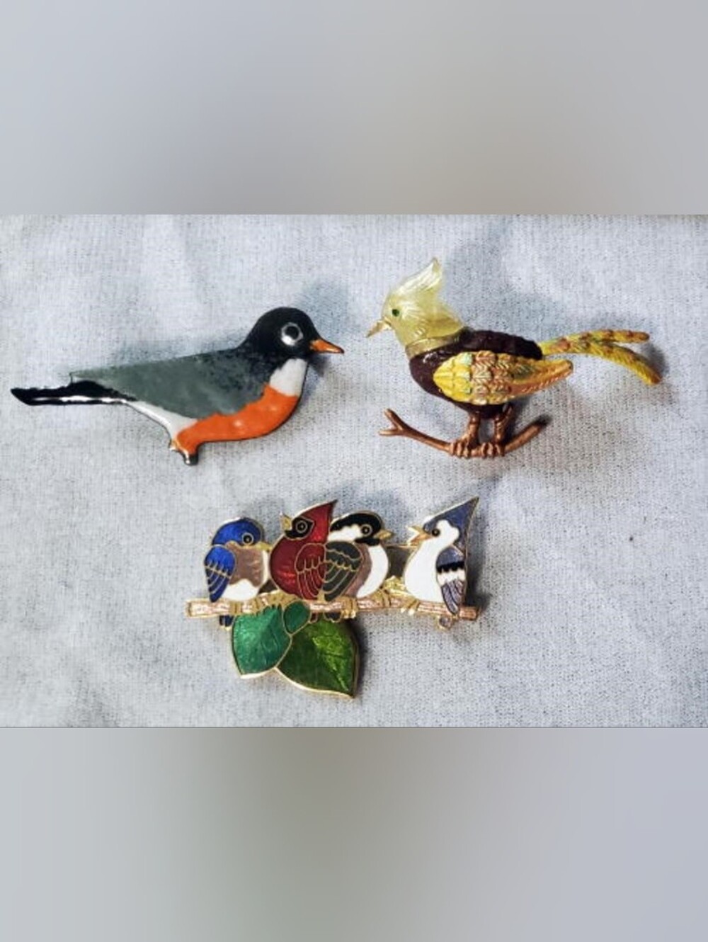 3 Bird Brooches BlueJay Cardinal Robin Bluebird Artist Whimsy ASO Tyra Banks